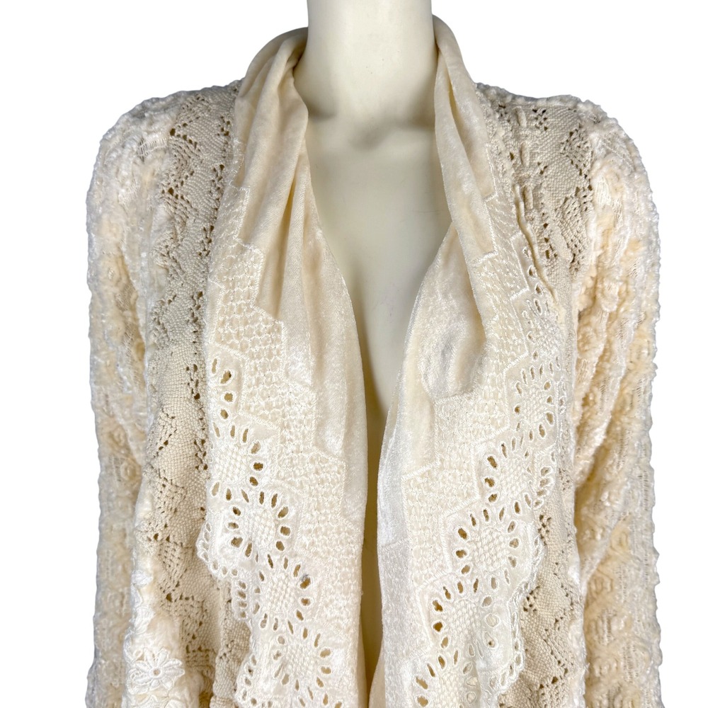 Ivory Boho Lace Waterfall Cardigan‎ L Sweater Made in Italy Open Knit Romantic - Picture 2 of 11